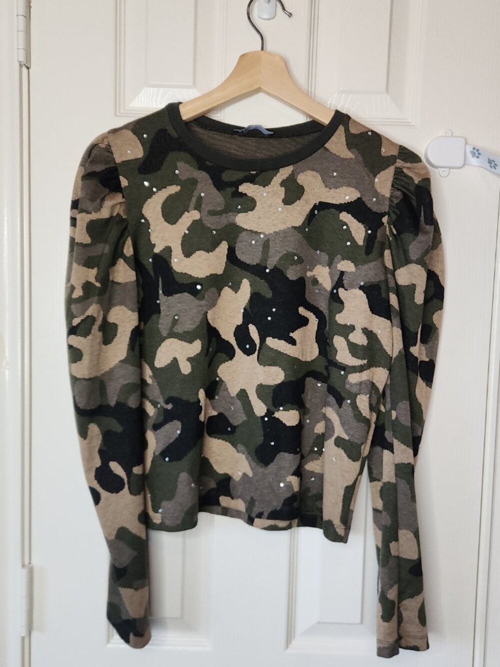 Zara Long-Sleeved Camo Top with Rhinestones and cinched shoulders